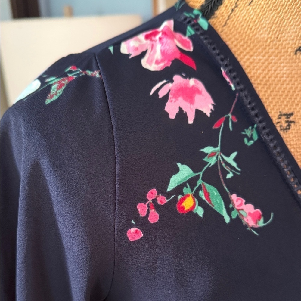 Sienna Sky Navy Blue Multicolored Floral Print Faux Wrap Top - Picture 3 of 11